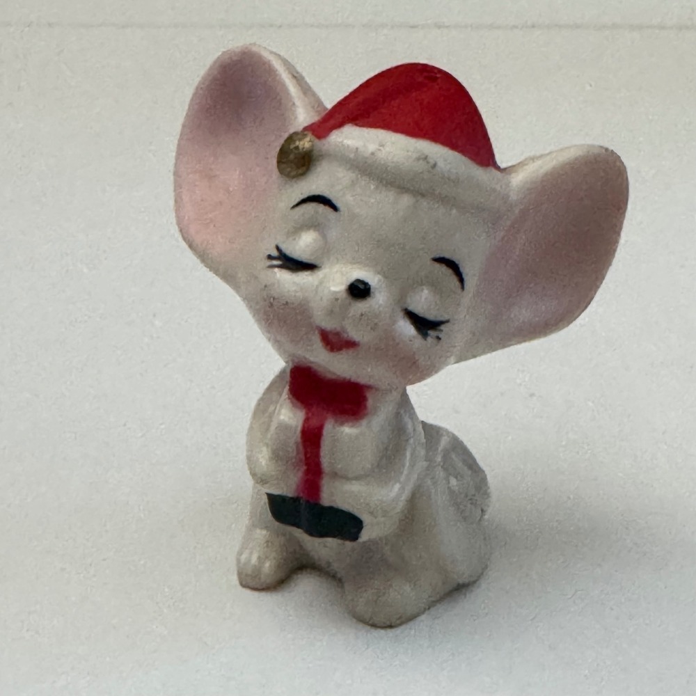 Vintage plastic Christmas Mouse Figurine Red Santa Hat Retro Holiday Decor